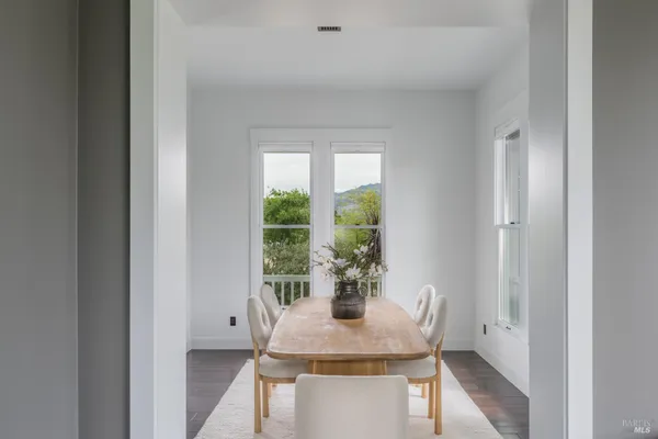 a view of a dining room with furniture window and wooden floor