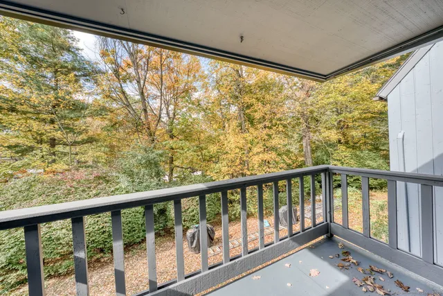 a view of a balcony with wooden floor