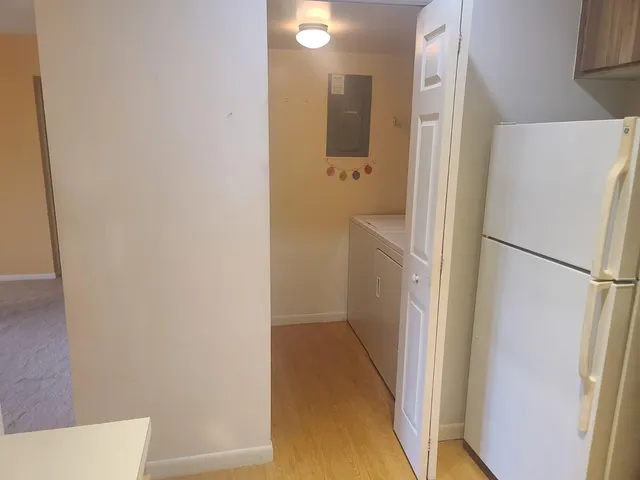 a bathroom with a shower and toilet