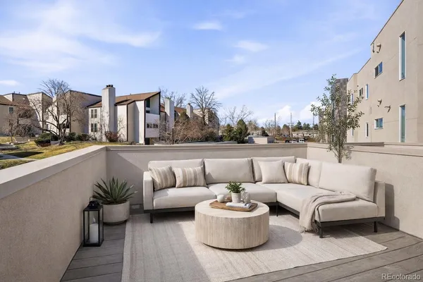 a view of a patio with couches and a potted plant on a table