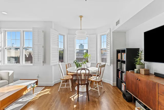 a view of a dining room with furniture window and outside view