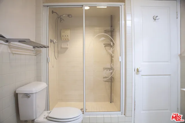 a bathroom with a shower and a toilet