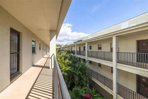 a view of a building from a balcony