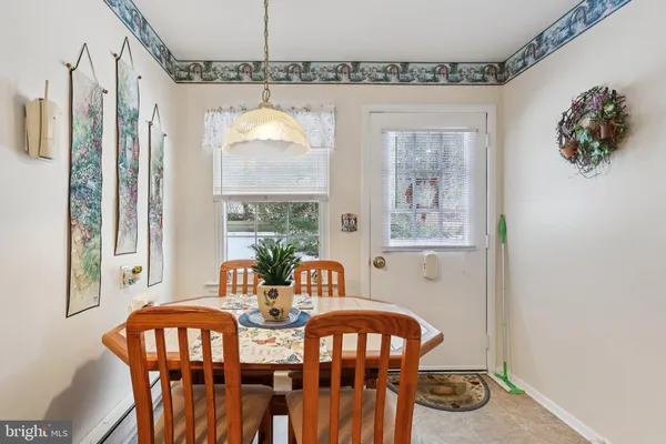 a view of a dining room with furniture window and outside view