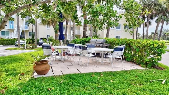 a view of a patio with table and chairs potted plants and a large tree