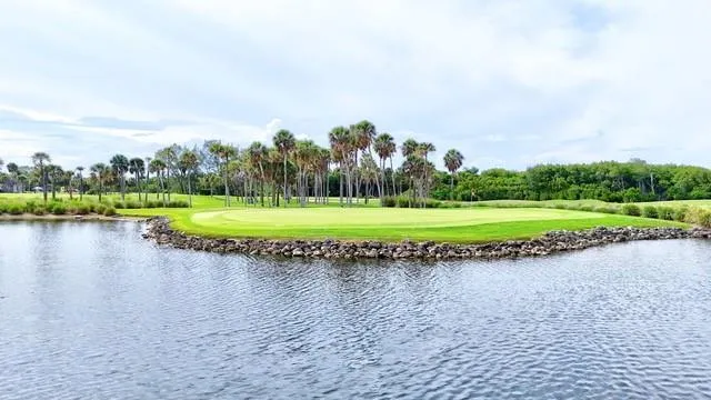 a view of a lake with a big yard and large trees