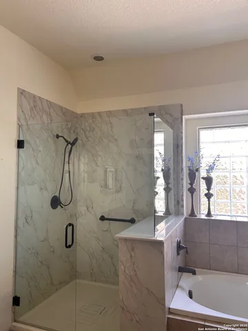 a bathroom with a bathtub and shower