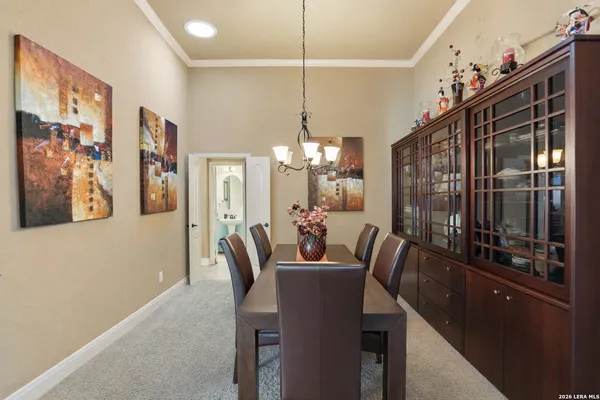 a view of a dining room with furniture
