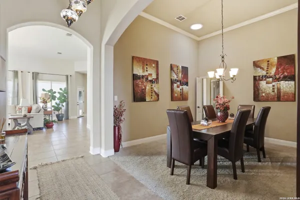 a view of a dining room with furniture