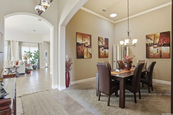 a view of a dining room with furniture