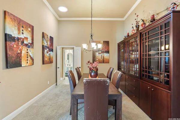 a view of a dining room with furniture