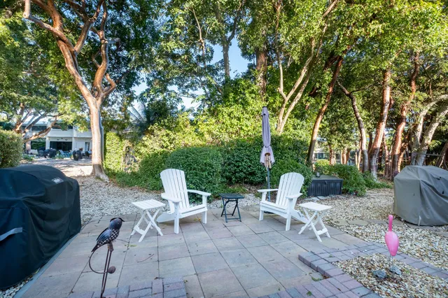 a view of a chairs and table in backyard
