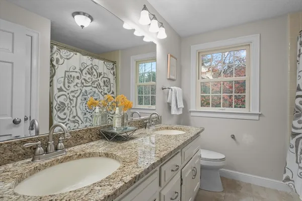 a bathroom with a granite countertop double vanity sink toilet and a mirror