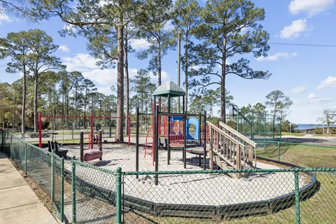 a view of a park with large trees