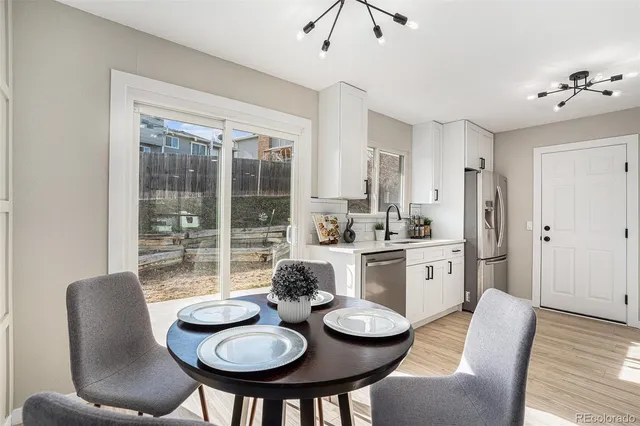 a view of a dining room with furniture window and wooden floor