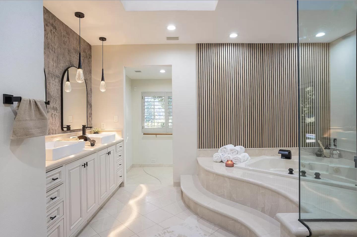 12 Vineyard Hill Road Woodside, CA 94062 - Photo 12 of 21 a bathroom with a double vanity sink mirror and bathtub
