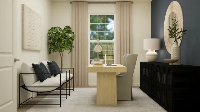 a living room with a couch and a potted plant