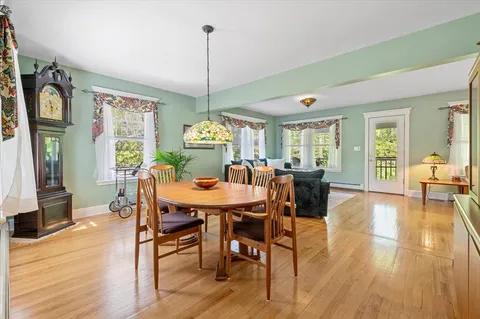 a view of a dining room with furniture window and wooden floor