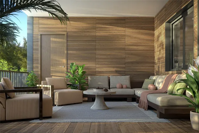 a view of a patio with couches table and chairs and potted plants