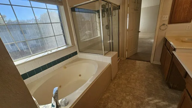 a bathroom with a sink a mirror and a shower