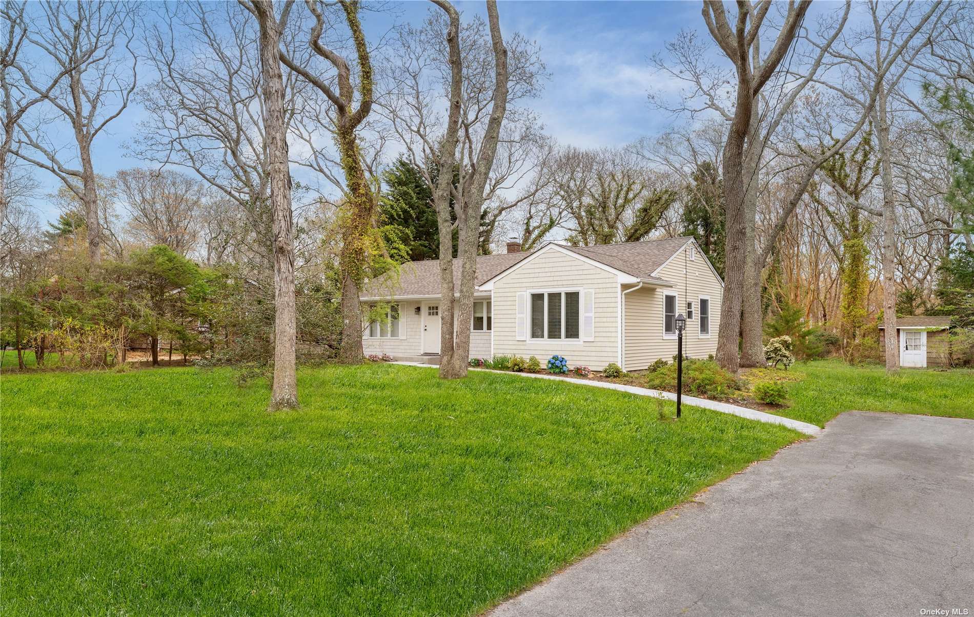 a view of a white house with a yard and large trees