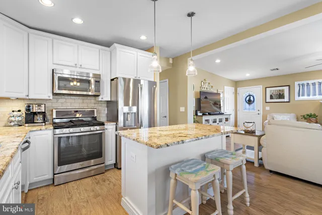 a kitchen with stainless steel appliances granite countertop a sink refrigerator and cabinets