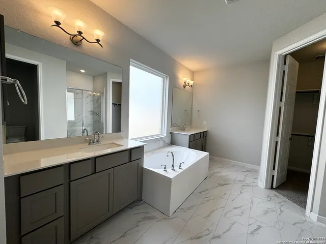 a bathroom with a tub double vanity sink and a large mirror