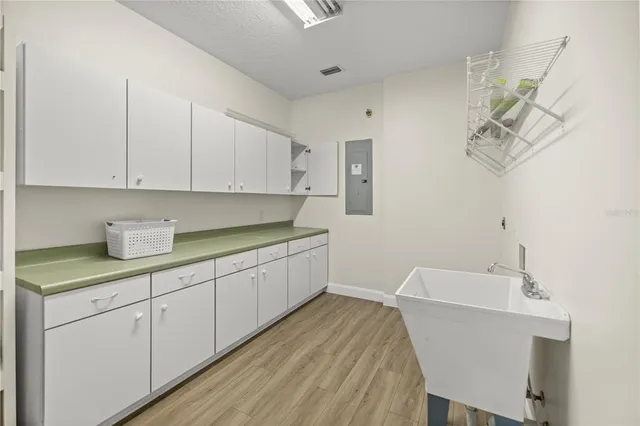 a view of a house with a big yard potted plants and large tree