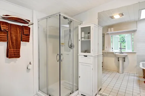 a bathroom with a shower and a sink