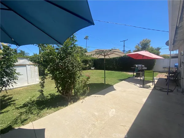 a garden view with a seating space