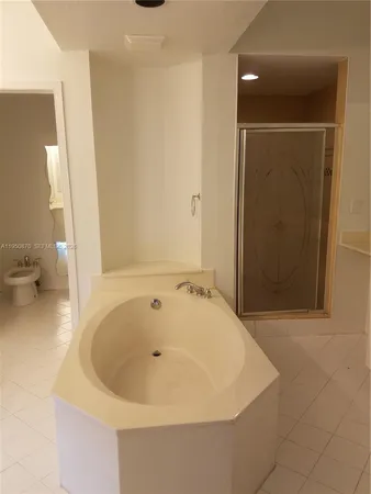 a bathroom with a bathtub and a toilet