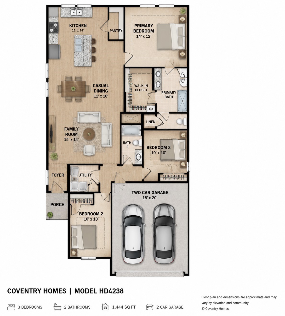 2011 Oak Leaf Court Manvel, TX 77578 - Photo 28 of 28 This is a similar floor plan of a home featuring 3 bedrooms, 2 bathrooms, and a two-car garage. The layout includes a spacious family room, casual dining area, and a kitchen with a pantry. The primary bedroom has a walk-in closet and ensuite bathroom. There's also a utility room and a cozy porch.