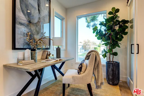 a view of a workspace room with furniture and a potted plant
