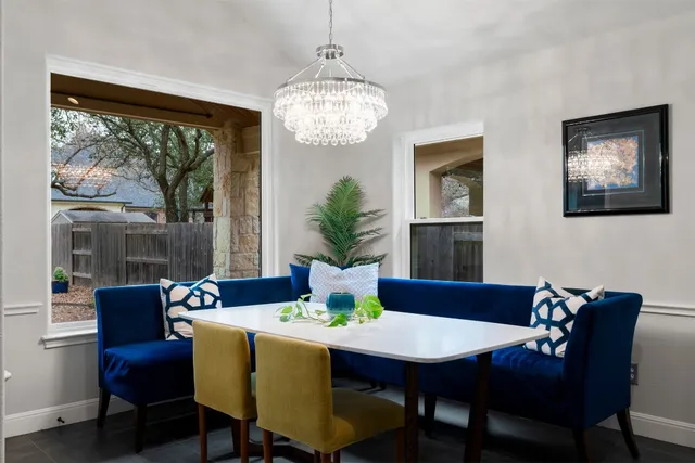 a view of a dining room with furniture window and outside view