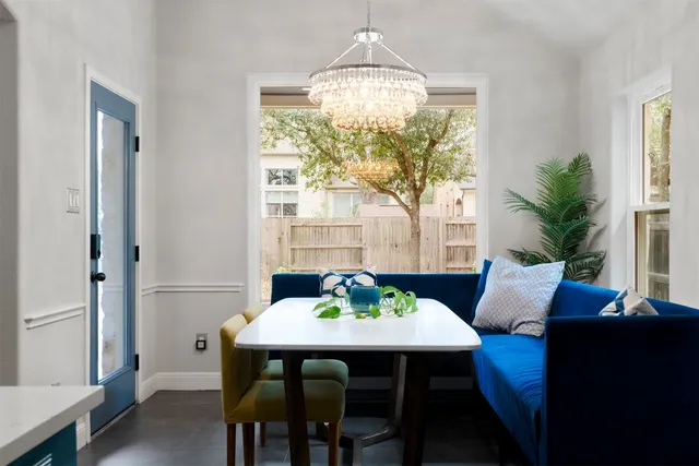a view of a dining room with furniture window and outside view