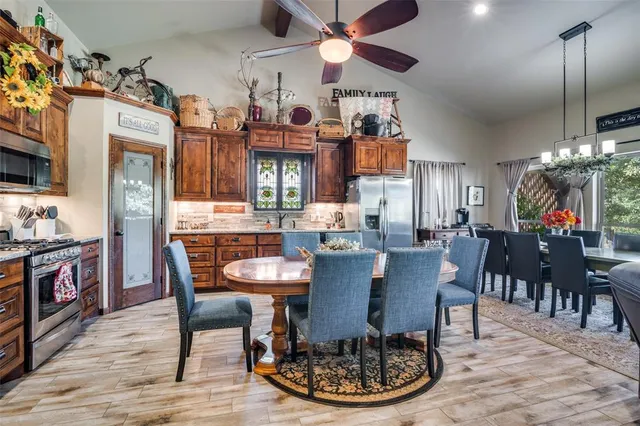 a view of a dining room with furniture