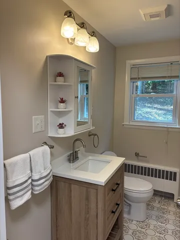 a bathroom with a double vanity sink toilet and a mirror