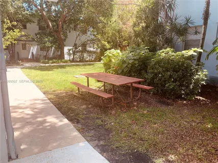 a view of a yard with plants and trees