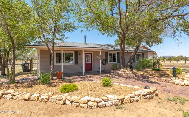a front view of a house with a yard outdoor seating and covered with trees