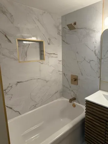 a bathroom with a bathtub and a shower