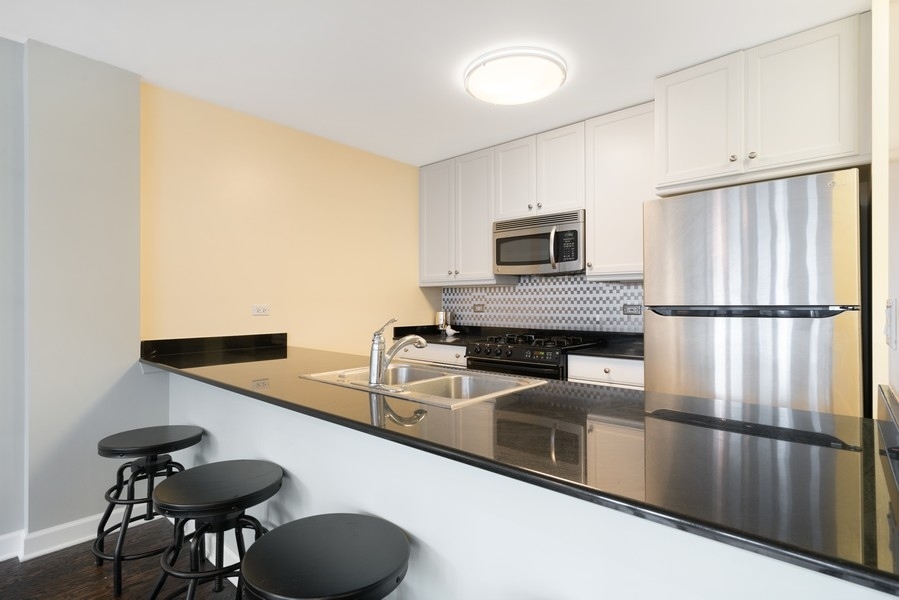 400 North Clinton Street, Unit 507 Chicago, IL 60654 - Photo 9 of 31 a kitchen with granite countertop a refrigerator a stove a sink and dishwasher with wooden floor