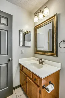 a bathroom with a sink vanity and a mirror
