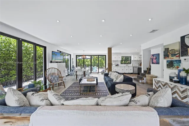 a living room with furniture large window and outer view
