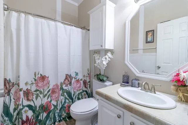 a bathroom with a sink vanity mirror and toilet