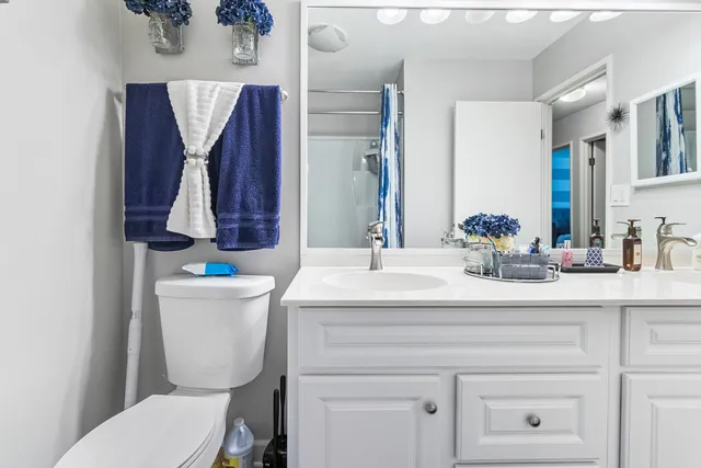a bathroom with a toilet sink and mirror