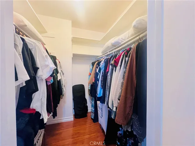 a view of walk in closet with clothes and shoes