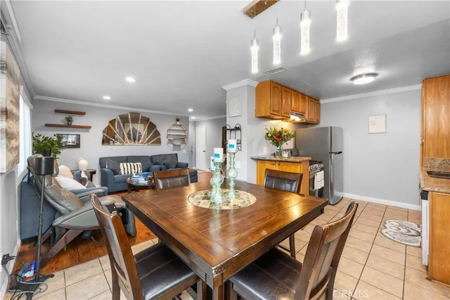 a view of a dining room with furniture