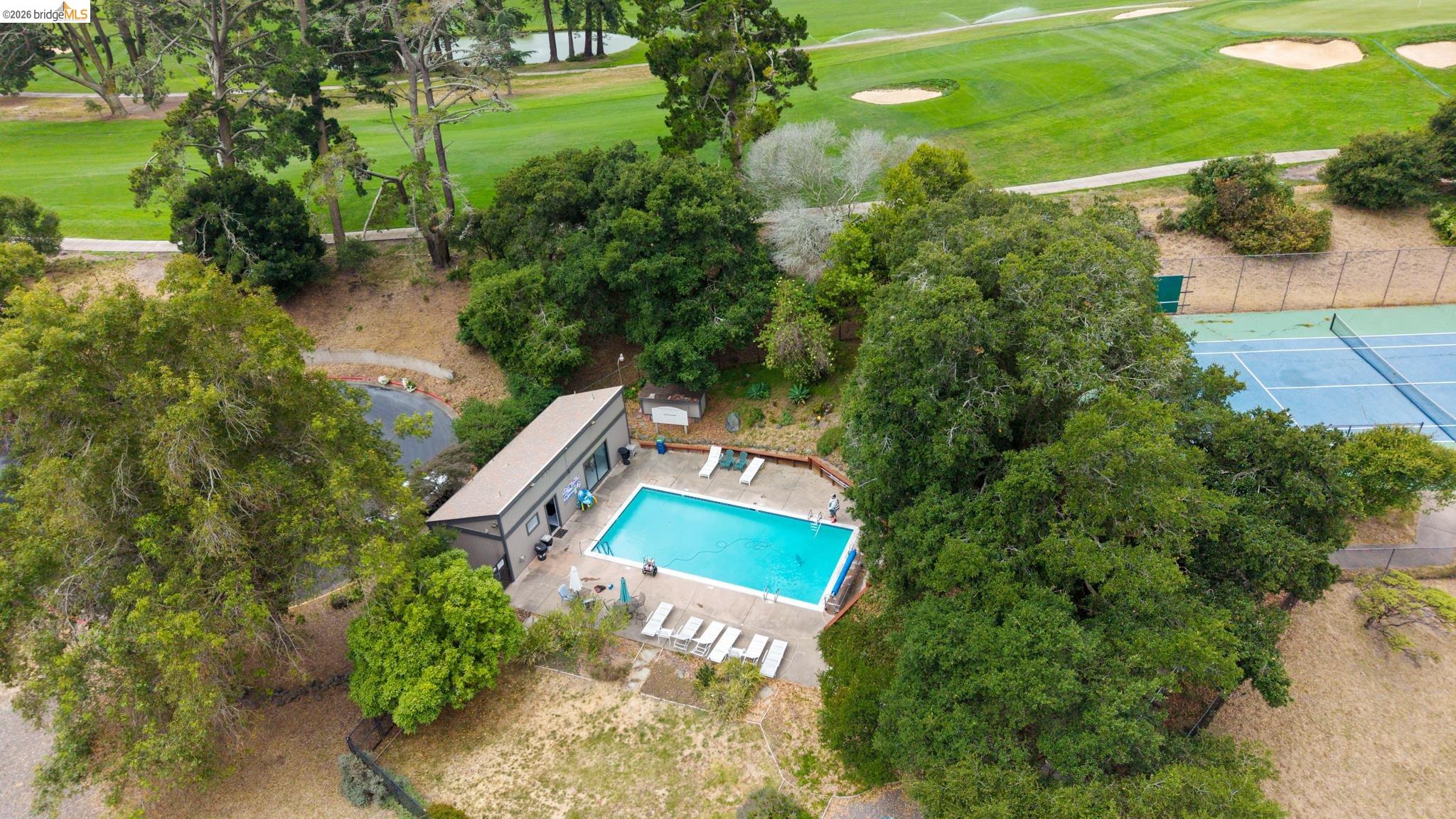 201 Vista Heights Road El Cerrito, CA 94530 - Photo 27 of 32 Private swimming pool with a surrounding patio, a poolside structure, and an adjacent tennis court