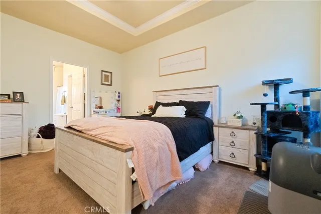 a spacious bedroom with a bed and a couch