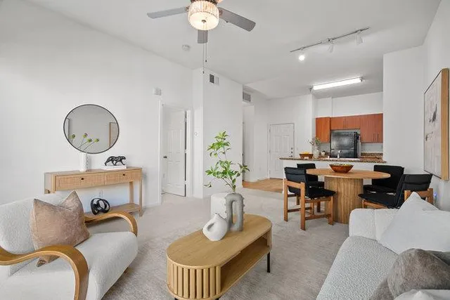 a living room with furniture and a mirror